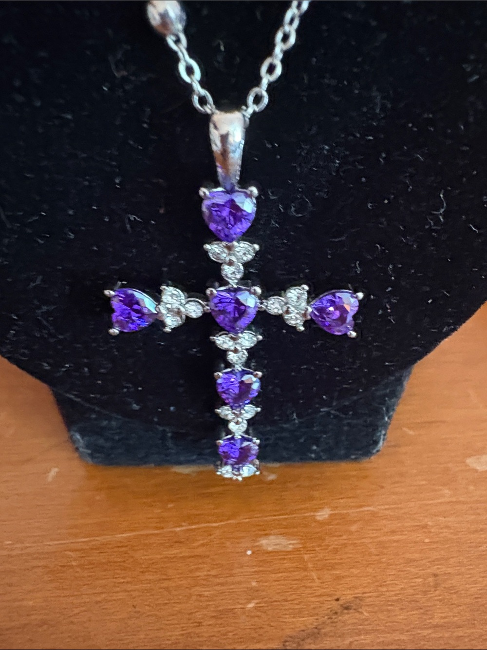 Heart-Cut Purple Stone Cross Pendant Necklace - Silver Tone